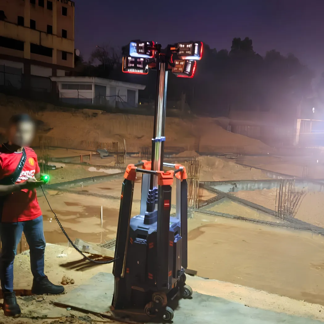 KMC500 battery tower light used on a night construction site